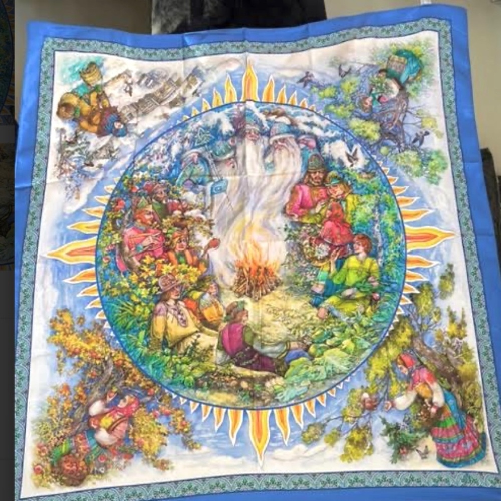 New silk multicoloured hand painted artist signed collectible 4 seasons scarf